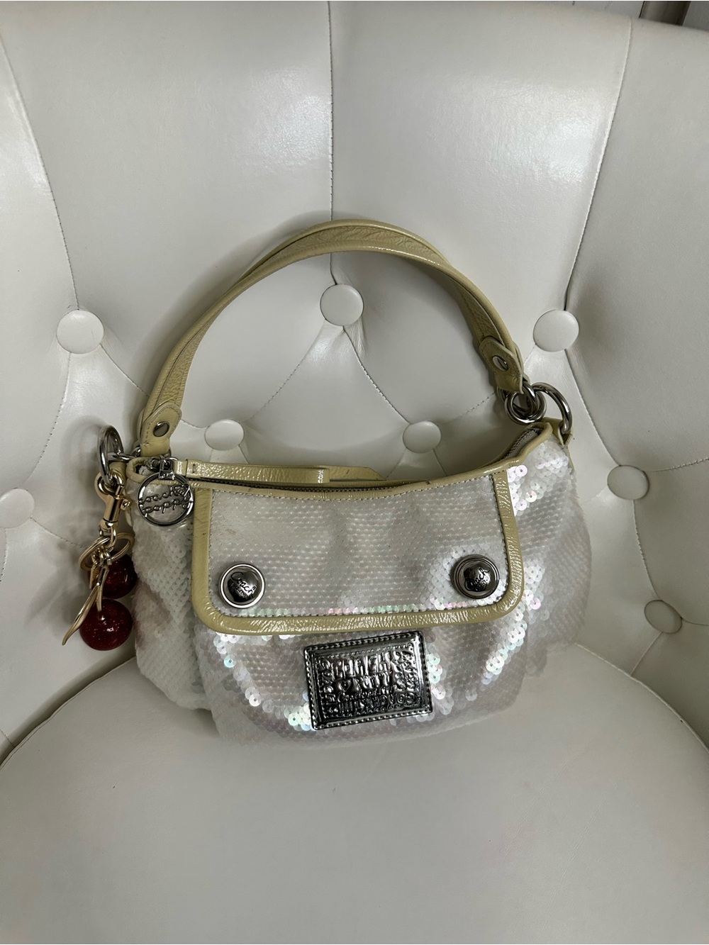 Coach White Sequin Shoulder Bag with Lemon Trim and Cherry Charm